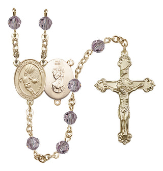 14 Karat Gold 6mm Austrian Crystal Saint Christopher/Basketball Rosary in Light Amethyst
