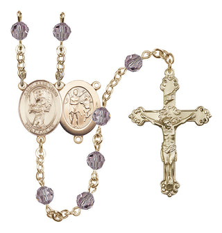 14 Karat Gold 6mm Austrian Crystal Saint Sebastian / Baseball Rosary in Light Amethyst