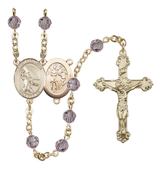 14 Karat Gold 6mm Austrian Crystal Saint Sebastian / Football Rosary in Light Amethyst
