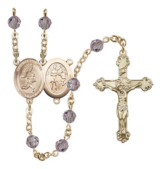 14 Karat Gold 6mm Austrian Crystal Saint Sebastian /Track&Field-Men Rosary in Light Amethyst