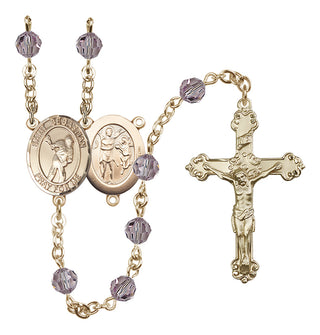 14 Karat Gold 6mm Austrian Crystal Saint Sebastian/Lacrosse Rosary in Light Amethyst