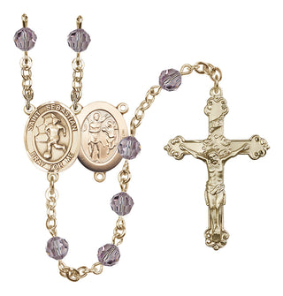14 Karat Gold 6mm Austrian Crystal Saint Sebastian/Soccer-Women Rosary in Light Amethyst