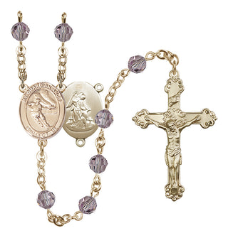 14 Karat Gold 6mm Austrian Crystal Guardian Angel/Hockey Rosary in Light Amethyst