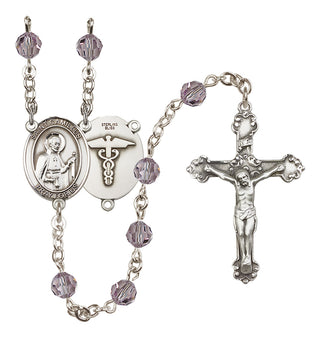 Sterling Silver 6mm Austrian Crystal Saint Camillus of Lellis / Nurse Rosary in Light Amethyst