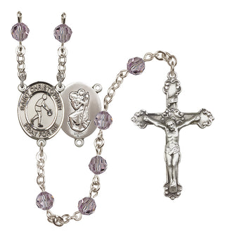 Sterling Silver 6mm Austrian Crystal Saint Christopher/Basketball Rosary in Light Amethyst