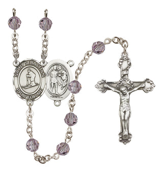 Sterling Silver 6mm Austrian Crystal Saint Sebastian/Skiing Rosary in Light Amethyst