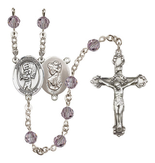 Sterling Silver 6mm Austrian Crystal Saint Christopher/Baseball Rosary in Light Amethyst