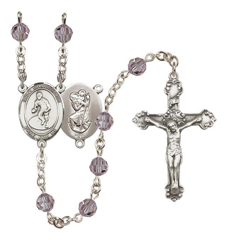 Sterling Silver 6mm Austrian Crystal Saint Christopher/Wrestling Rosary in Light Amethyst