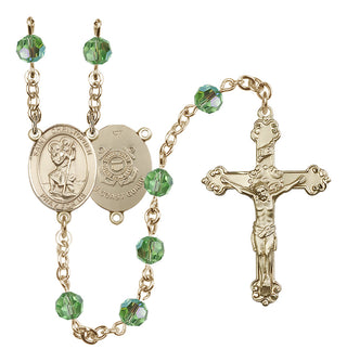 14 Karat Gold-Filled 6mm Austrian Crystal Saint Christopher / Coast Guard Rosary in Peridot