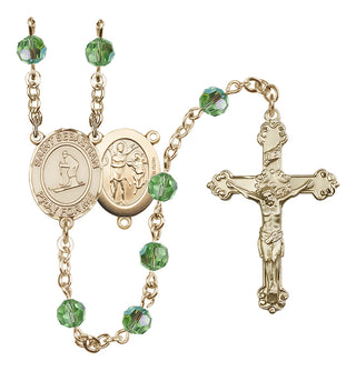 14 Karat Gold-Filled 6mm Austrian Crystal Saint Sebastian/Skiing Rosary in Peridot