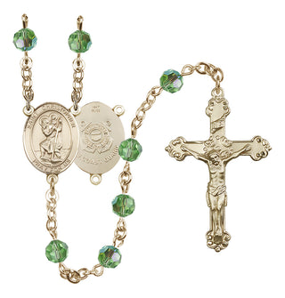 14 Karat Gold 6mm Austrian Crystal Saint Christopher / Coast Guard Rosary in Peridot