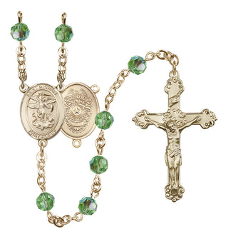 14 Karat Gold 6mm Austrian Crystal Saint Michael the Archangel/Policeman Rosary in Peridot