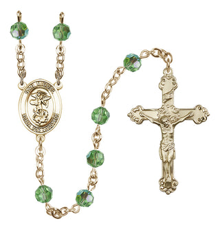 14 Karat Gold 6mm Austrian Crystal San Miguel Arcangel Rosary in Peridot