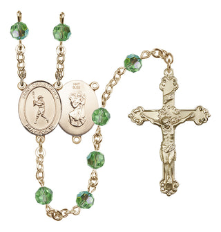 14 Karat Gold 6mm Austrian Crystal Saint Christopher/Baseball Rosary in Peridot