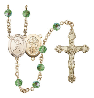 14 Karat Gold 6mm Austrian Crystal Saint Sebastian/Football Rosary in Peridot