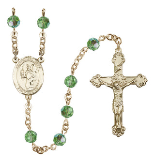 14 Karat Gold 6mm Austrian Crystal Saint Uriel the Archangel Rosary in Peridot