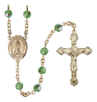 14 Karat Gold 6mm Austrian Crystal Our Lady of Kibeho Rosary in Peridot