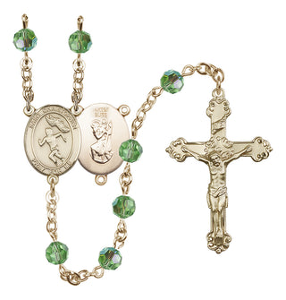 14 Karat Gold 6mm Austrian Crystal Saint Christopher/Track&Field-Women Rosary in Peridot