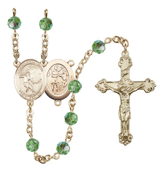 14 Karat Gold 6mm Austrian Crystal Saint Sebastian / Soccer Rosary in Peridot
