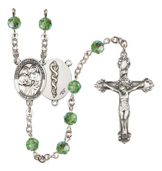 Sterling Silver 6mm Austrian Crystal Saints Cosmas & Damian / Doctors Rosary in Peridot