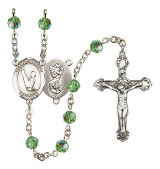 Sterling Silver 6mm Austrian Crystal Saint Christopher/Gymnastics Rosary in Peridot