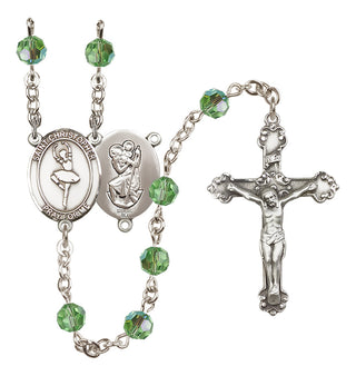 Sterling Silver 6mm Austrian Crystal Saint Christopher/Dance Rosary in Peridot