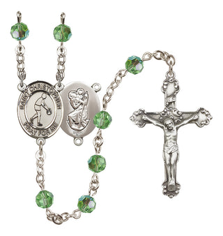 Sterling Silver 6mm Austrian Crystal Saint Christopher/Basketball Rosary in Peridot