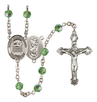 Sterling Silver 6mm Austrian Crystal Saint Christopher/Swimming Rosary in Peridot