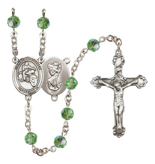 Sterling Silver 6mm Austrian Crystal Saint Christopher/Motorcycle Rosary in Peridot