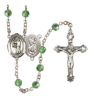 Sterling Silver 6mm Austrian Crystal Saint Christopher/Archery Rosary in Peridot