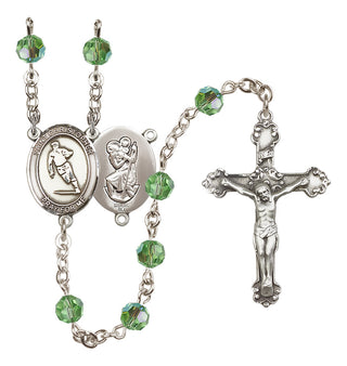 Sterling Silver 6mm Austrian Crystal Saint Christopher / Rugby Rosary in Peridot
