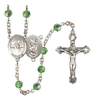 Sterling Silver 6mm Austrian Crystal Saint Christopher/Water Polo Men Rosary in Peridot