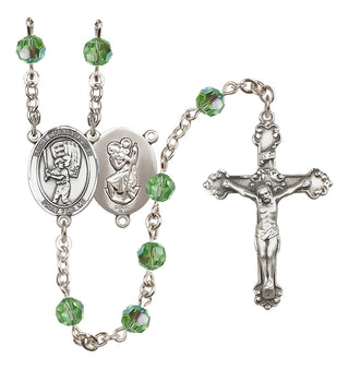Sterling Silver 6mm Austrian Crystal Saint Christopher/Baseball Rosary in Peridot