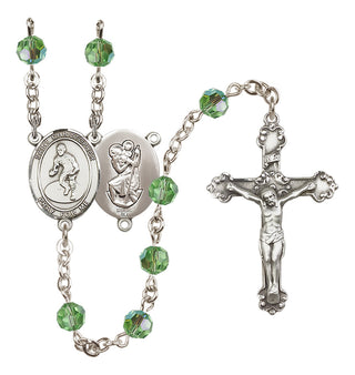Sterling Silver 6mm Austrian Crystal Saint Christopher/Wrestling Rosary in Peridot