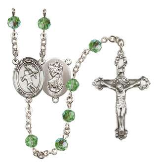 Sterling Silver 6mm Austrian Crystal Saint Christopher/Track&Field-Women Rosary in Peridot