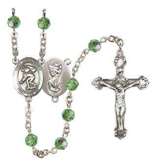 Sterling Silver 6mm Austrian Crystal Saint Christopher/Swimming Rosary in Peridot