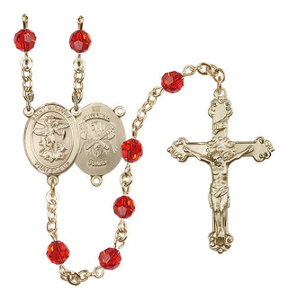 14 Karat Gold-Filled 6mm Austrian Crystal Saint Michael / Nat'l Guard Rosary in Ruby