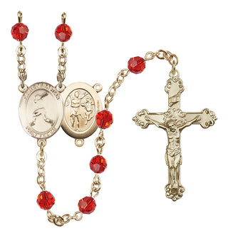 14 Karat Gold-Filled 6mm Austrian Crystal Saint Sebastian/Baseball Rosary in Ruby