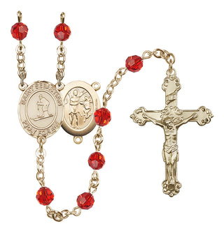 14 Karat Gold-Filled 6mm Austrian Crystal Saint Sebastian/Skiing Rosary in Ruby