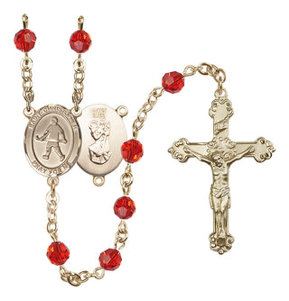 14 Karat Gold-Filled 6mm Austrian Crystal Saint Christopher / Field Hockey Rosary in Ruby