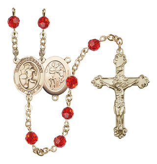 14 Karat Gold-Filled 6mm Austrian Crystal Saint Sebastian/Soccer-Women Rosary in Ruby