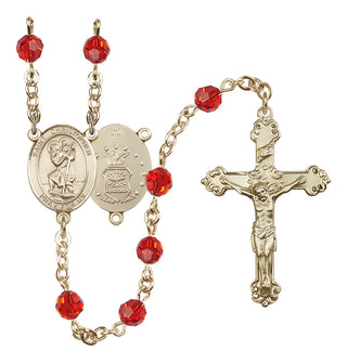 14 Karat Gold 6mm Austrian Crystal Saint Christopher / Air Force Rosary in Ruby