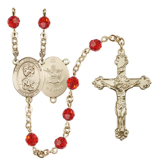 14 Karat Gold 6mm Austrian Crystal Saint Christopher / Army Rosary in Ruby