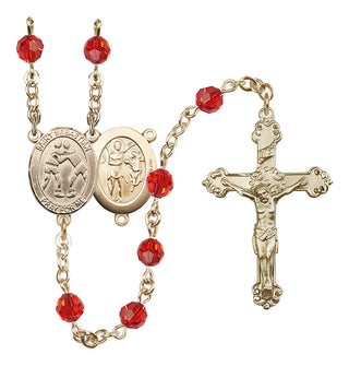 14 Karat Gold 6mm Austrian Crystal Saint Sebastian/Wrestling Rosary in Ruby