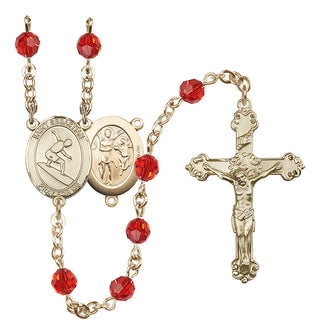 14 Karat Gold 6mm Austrian Crystal Saint Sebastian/Surfing Rosary in Ruby