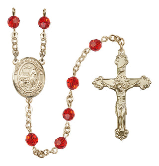 14 Karat Gold 6mm Austrian Crystal Virgen del Lourdes Rosary in Ruby