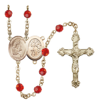 14 Karat Gold 6mm Austrian Crystal Saint Sebastian /Track&Field-Men Rosary in Ruby