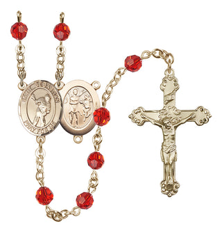 14 Karat Gold 6mm Austrian Crystal Saint Sebastian/Lacrosse Rosary in Ruby