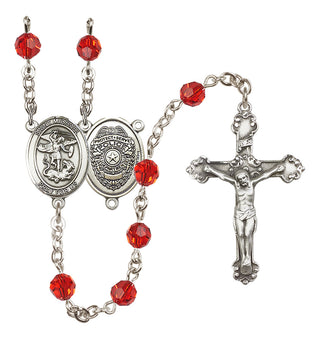 Sterling Silver 6mm Austrian Crystal Saint Michael the Archangel/Policeman Rosary in Ruby