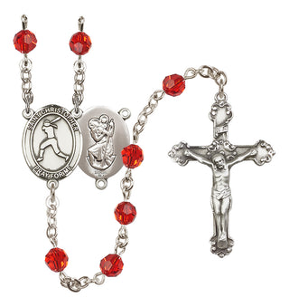 Sterling Silver 6mm Austrian Crystal Saint Christopher/Softball Rosary in Ruby